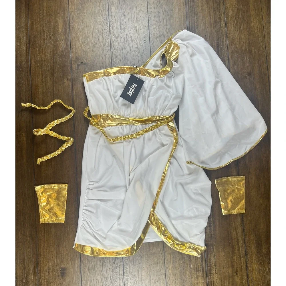 Forplay Greek Goddess Costume White Gold One Shoulder Dress Set S/M 551026 NEW - Picture 3 of 6